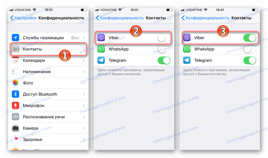 Viber برای آیفون برای دسترسی به مخاطبین در بخش تنظیمات حریم خصوصی