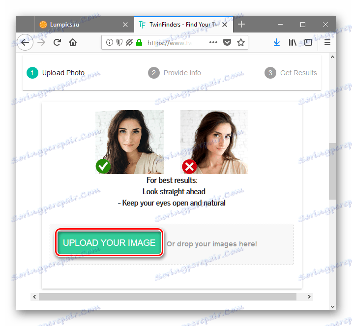Натискання на кнопку upload your image на сайті twinfinders.com