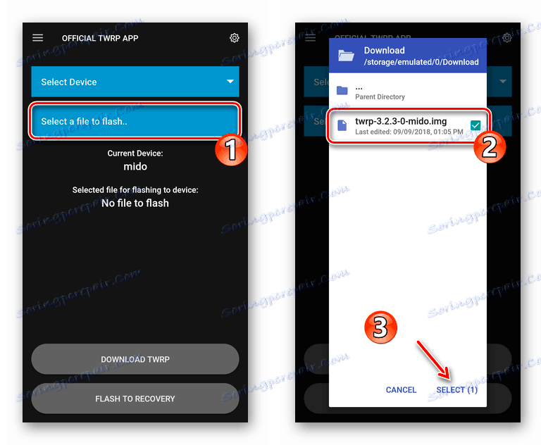 Uvozite sliko za namestitev obnovitve v uradno aplikacijo TWRP iz pametnega telefona