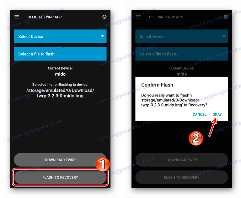 Začnite postopek namestitve obnovitve prek uradne programske opreme TWRP App Android