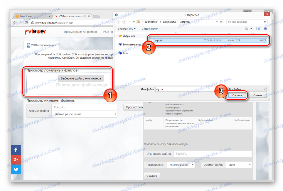Процес вибору CDR-файлу на ПК на сайті Fviewer