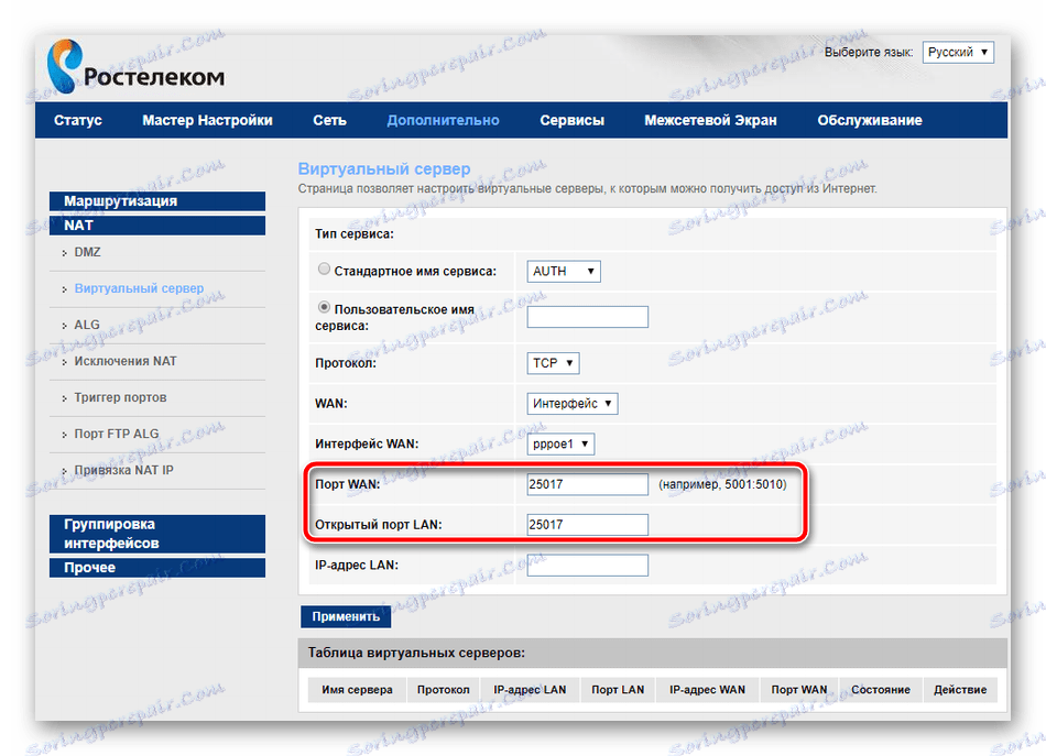 Унесите портове у подешавањима роутера Ростелецом