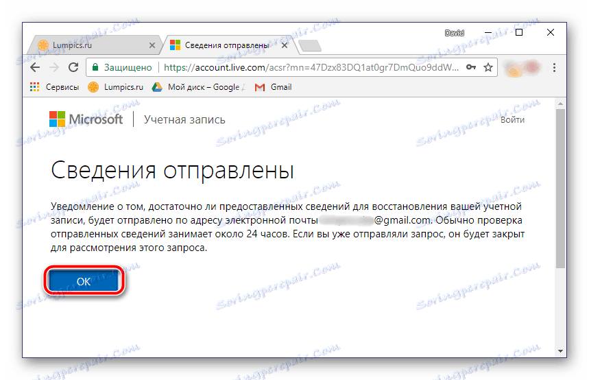 Odoslaný formulár na obnovenie účtu vo formáte Outlook