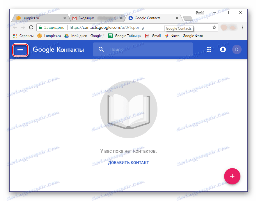 Hlavné menu v službe Kontakty Google