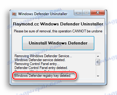 Správa o odstránení kľúča databázy Registry Defender v programe Windows Defender Uninstaller