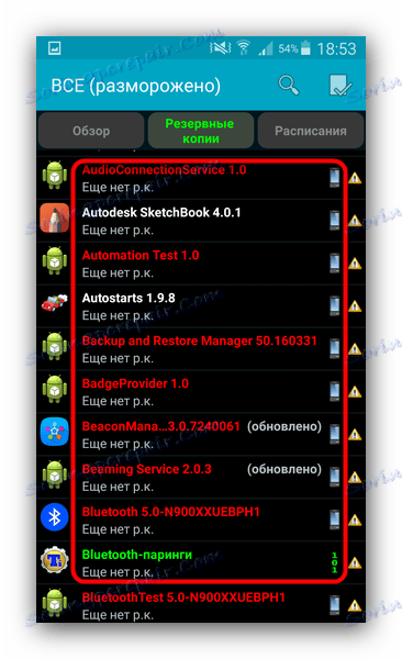 Seznam aplikacij v programu Titanium Backup, v katerem morate poiskati obnovitev