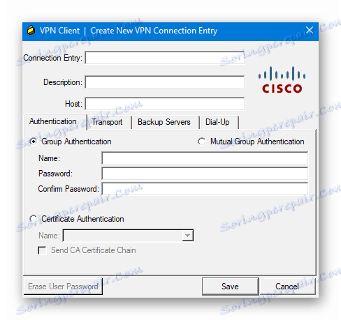 Вікно налаштувань підключення Cisco VPN