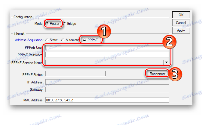 Настройване на PPPoE параметрите в маршрутизатора на Mikrotik
