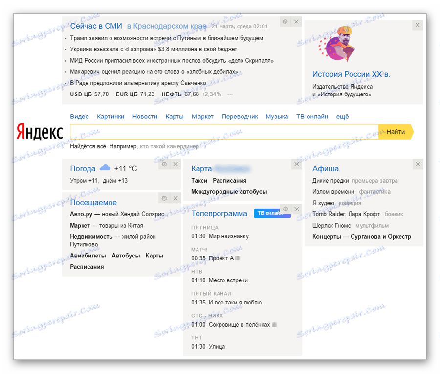 Konfigurácia miniaplikácií na hlavnej stránke Yandex