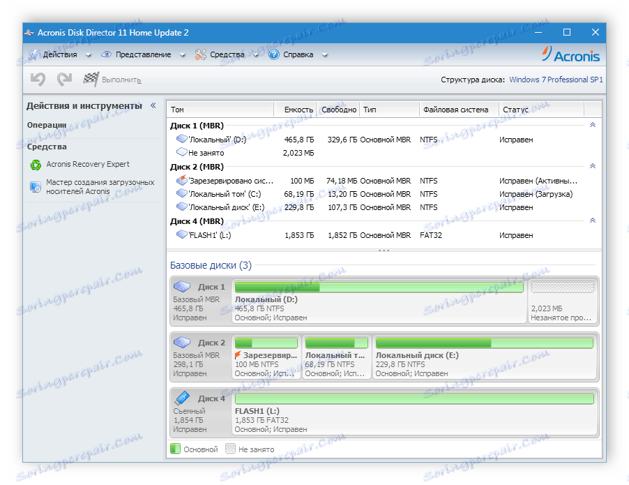 Acronis Disk Director پنجره اصلی