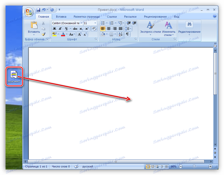 Přetáhněte a přetáhněte fragment na stránku dokumentu aplikace Word