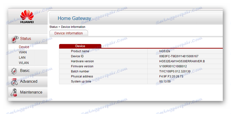 Головне меню веб-інтерфейсу Huawei HG532e