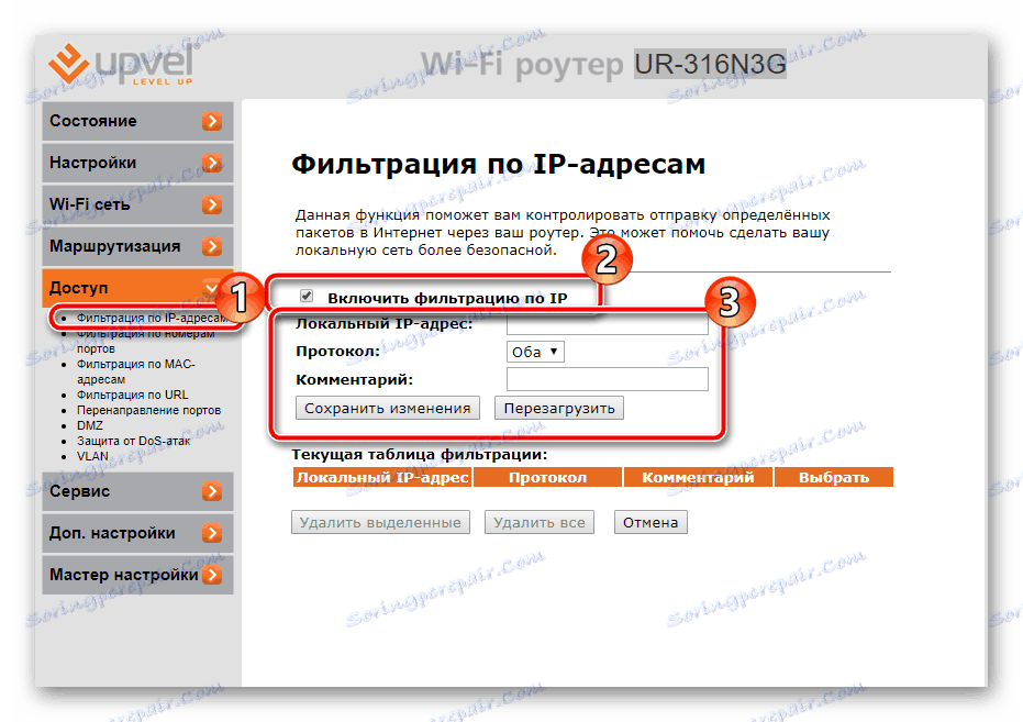 Филтриране по IP адреси в рутера UPVEL