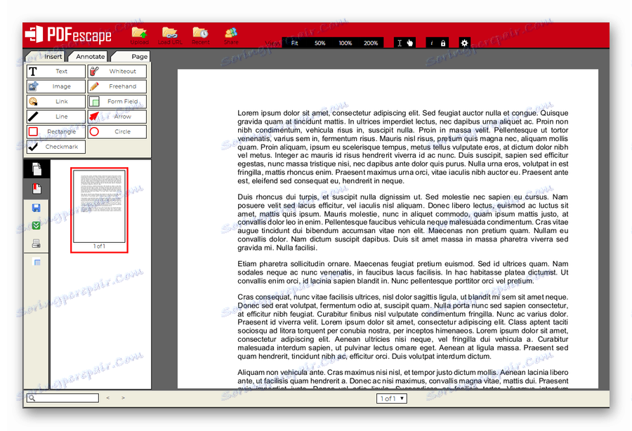 Vmesnik spletne storitve za ogled datotek PDFescape PDF