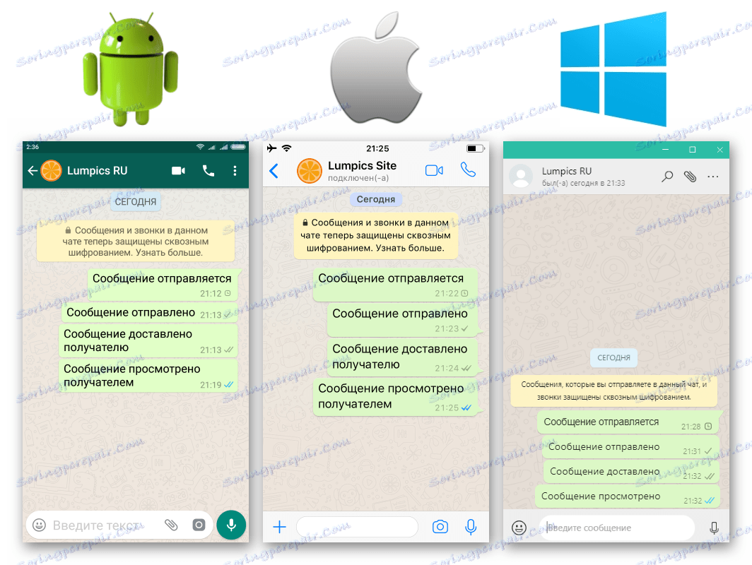 WhatsApp zobrazující stav zpráv (zaškrtávací políčka) v různých operačních systémech