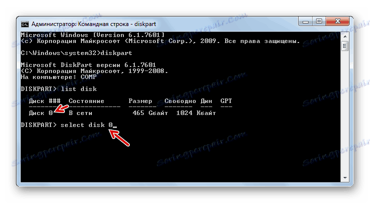 Избиране на твърд диск чрез помощната програма DiskPart в командния ред в Windows 7