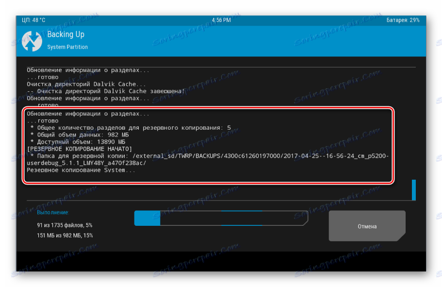 Прогрес на архивиране на TWRP