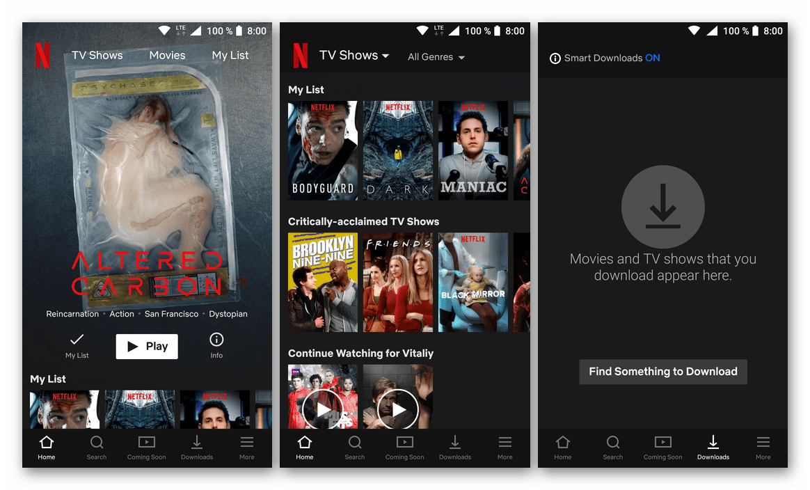 Interfejs aplikacji do przeglądania Netflix na Androida