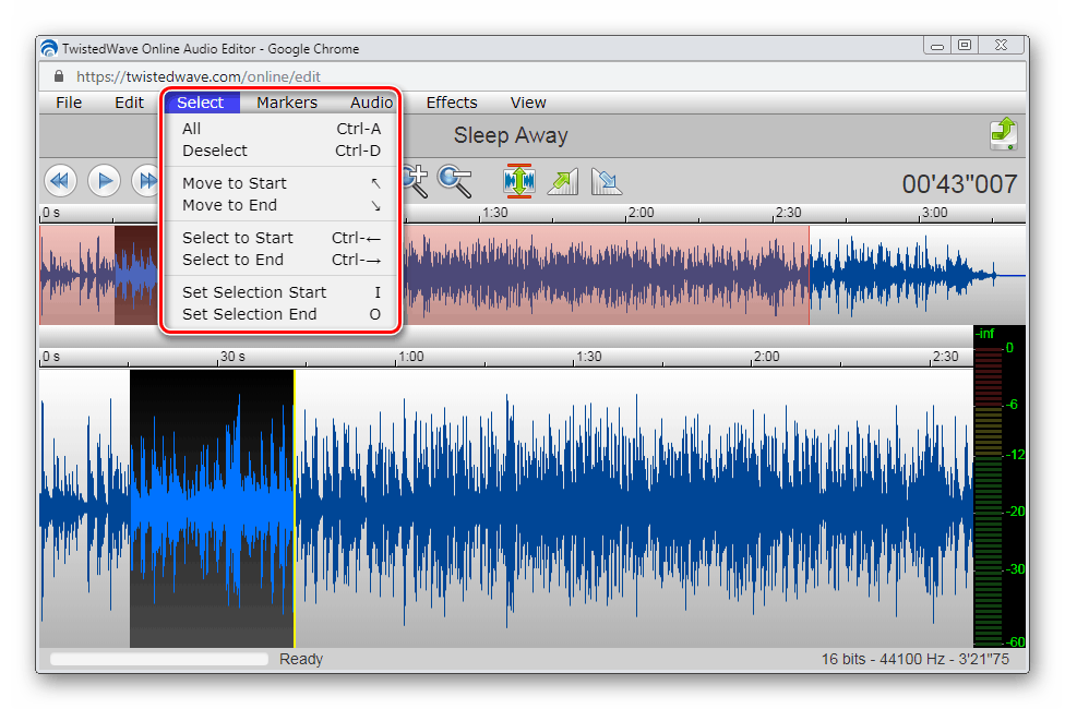 Інструменти вибору на сайті TwistedWave