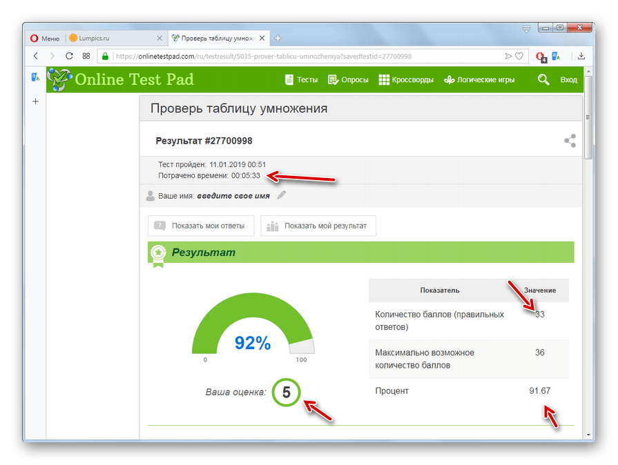 نتیجه گذراندن آزمون برای شناختن جدول ضرب در سایت Onlinetestpad