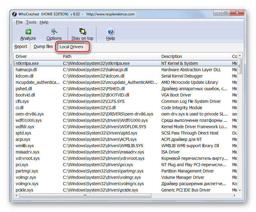 Разделът Местни драйвери в прозореца на програмата WhoCrashed на Windows 7