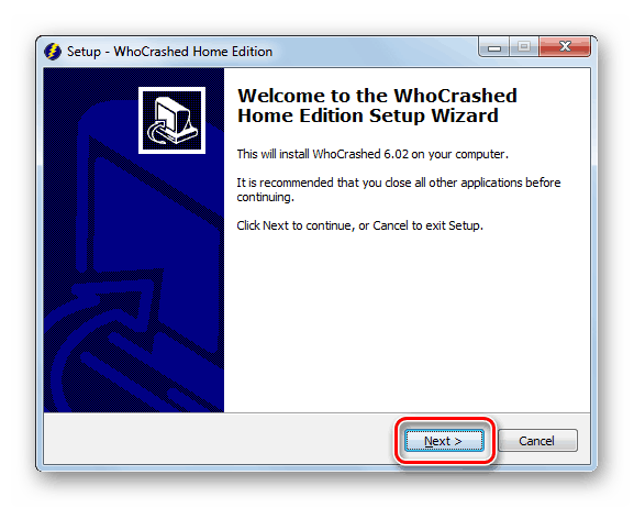 Начален прозорец на съветника за инсталиране WhoCrashed в Windows 7