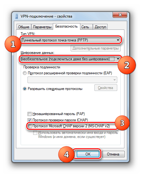 Nastavení na kartě Zabezpečení ve vlastnostech připojení VPN v systému Windows 7