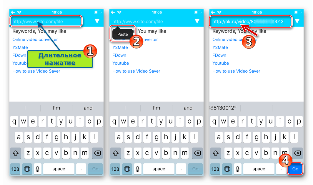 Video Saver PRO + Cloud Drive za iPhone vstavi povezavo do videoposnetka Odnoklassniki v vrstici brskalnika video brskalnik