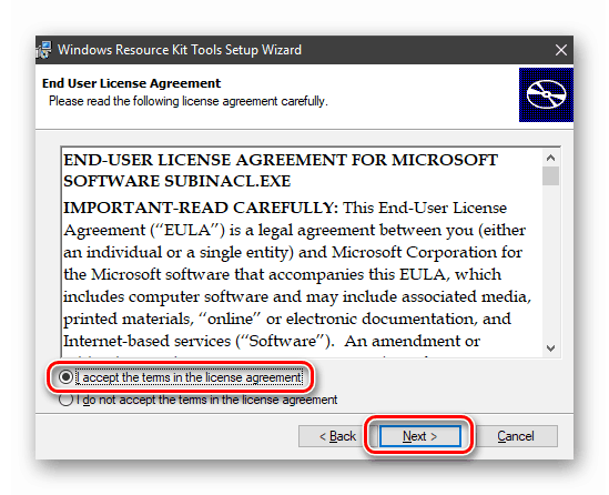 Akceptacja umowy licencyjnej podczas instalacji narzędzia konsolowego SubInACL