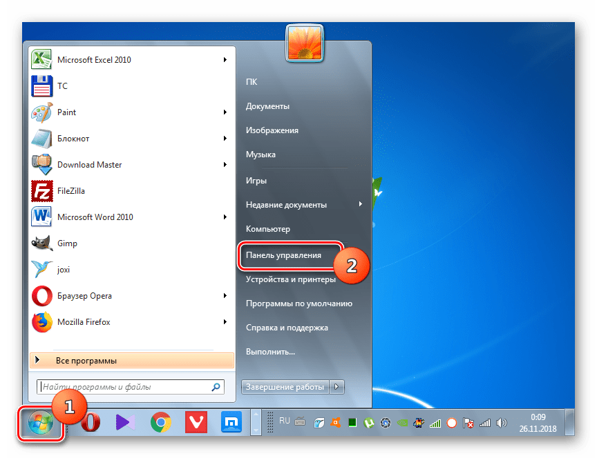 Перехід в Панель управління через меню Пуск в Windows 7