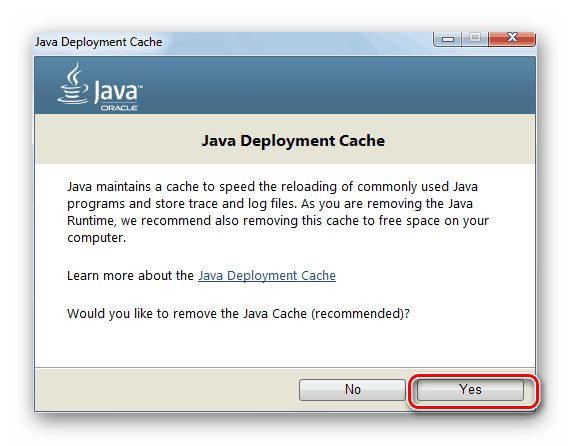 Преминаване към премахването на Java кеша в прозореца на помощната програма JavaUninstalTool в Windows 7