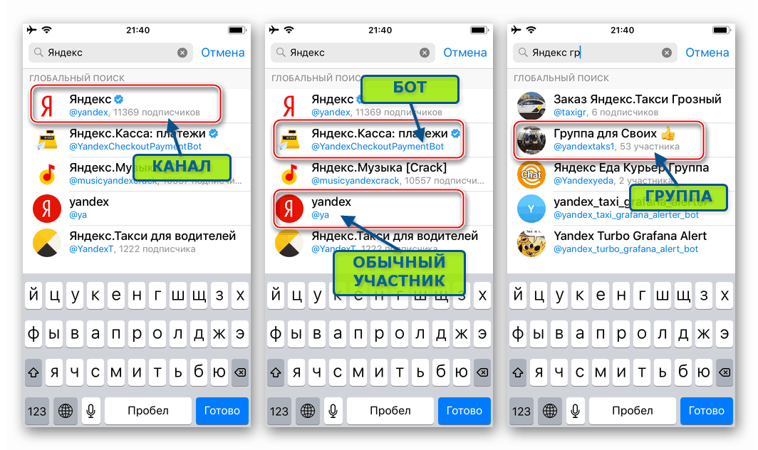 Telegram za iPhone, kako razlikovati kanal, skupino, uporabnika, bot, ko išče v Messengerju