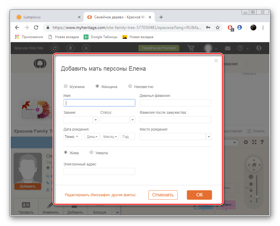 أدخل المعلومات الأساسية عن شخص ما على MyHeritage