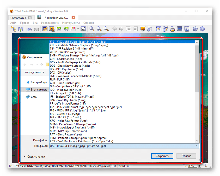 Nedostatak mogućnosti spremanja DNG datoteke u XnView