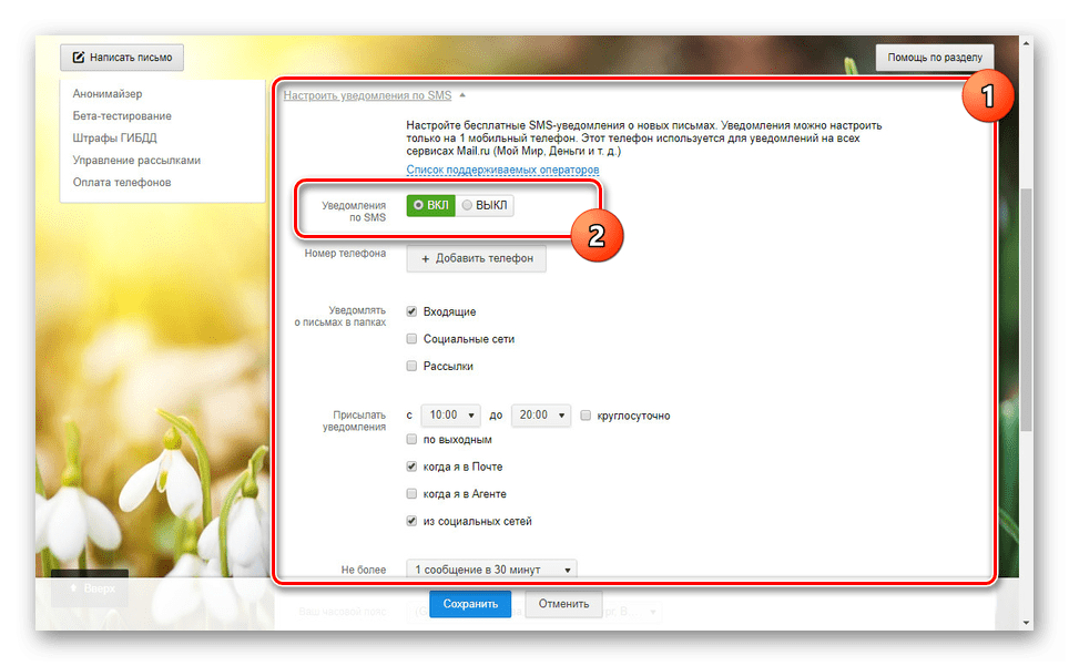 تمكين إعلام بريد SMS على Mail.ru