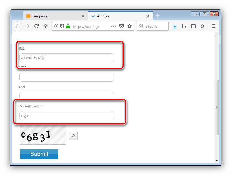 وارد کردن IMEI در وب سایت Airpush برای حذف حذف تبلیغات در Android