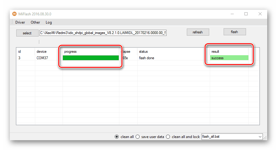 Xiaomi MiFlash прошивка завершена