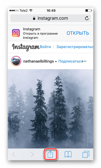 Кликвайки върху иконата Share, за да изтеглите снимки от Instagram на iPhone