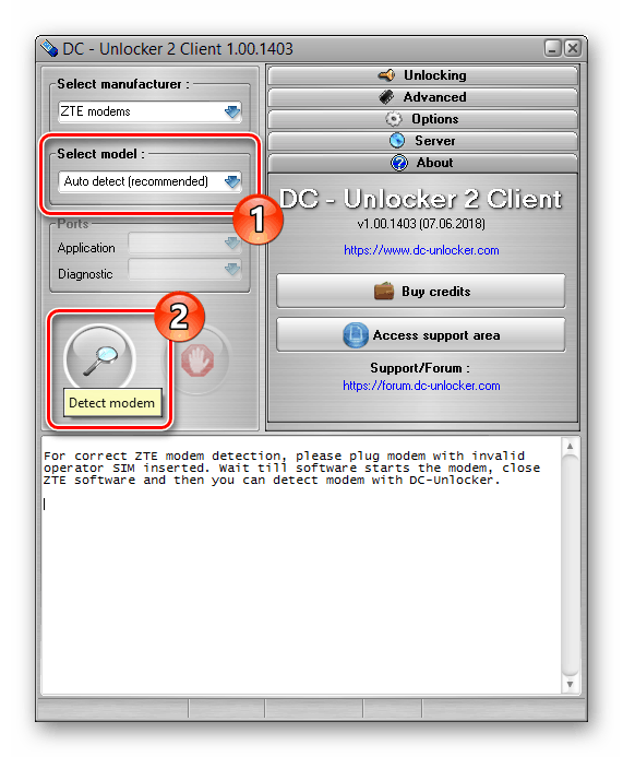 Idź, aby wyszukać podłączony modem w DC Unlocker