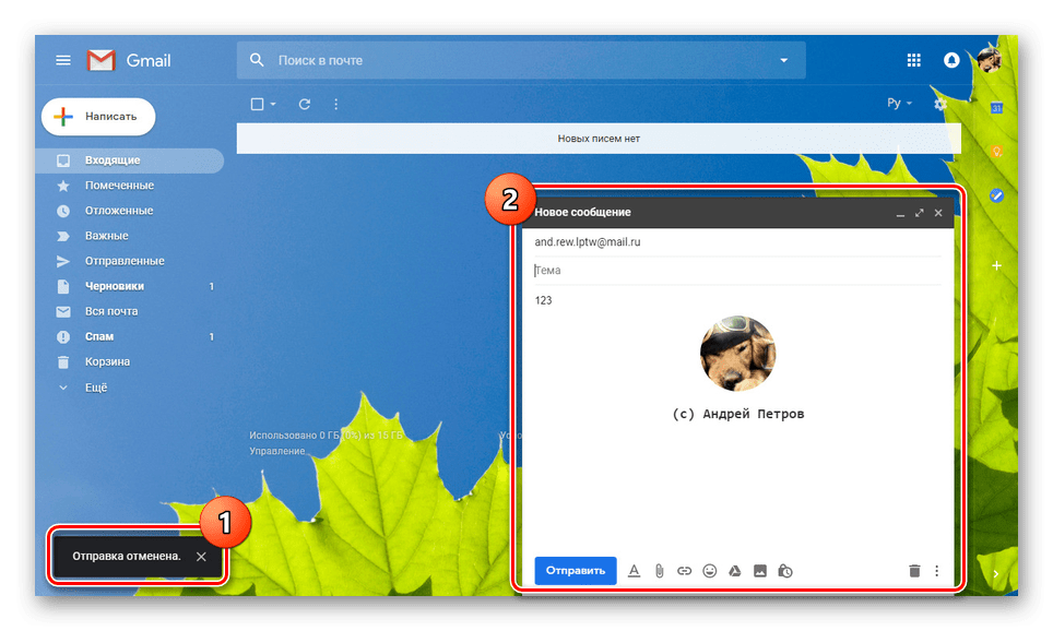 Успешно анулиране на изпращането до сайта на Gmail