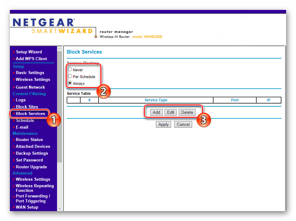 Omejitev za storitve v nastavitvah usmerjevalnika NETGEAR