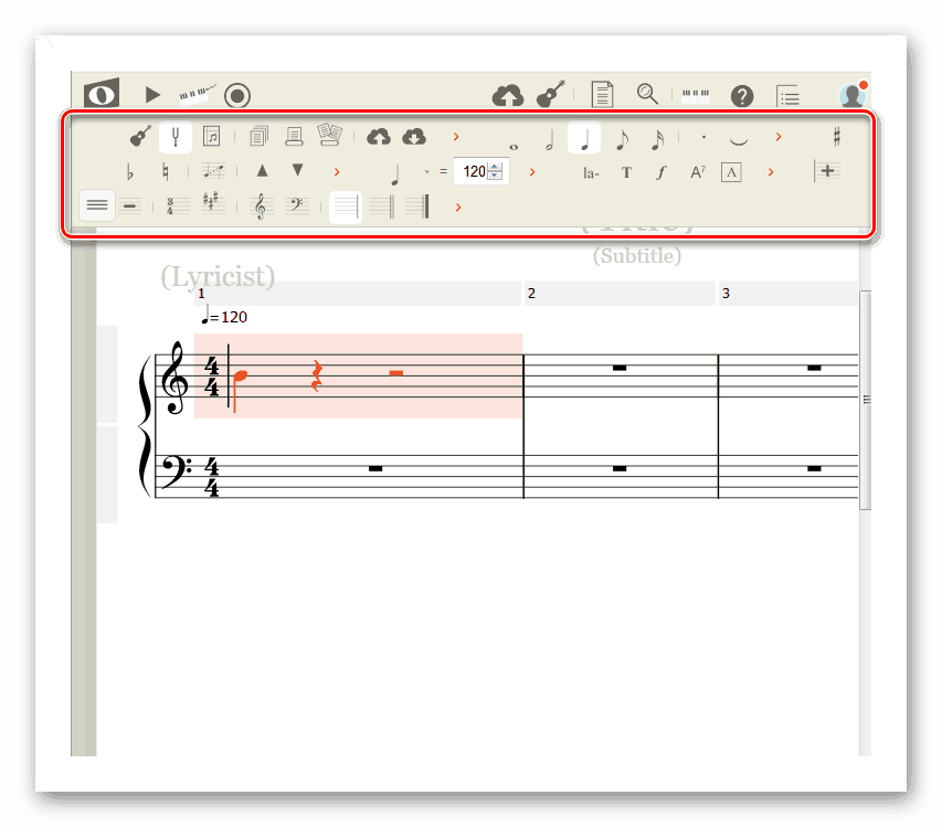 Панель інструментів для розстановки нотних знаків на сайті веб-сервісу NoteFlight