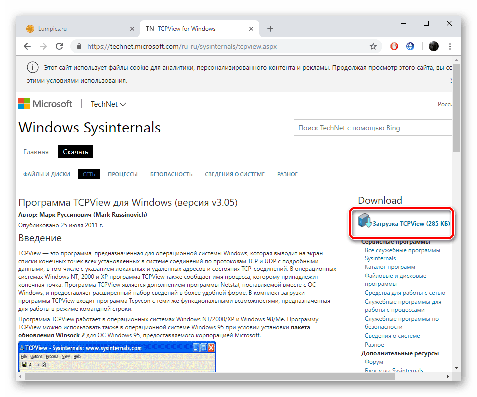 Изтегляне на TCPView от официалния източник