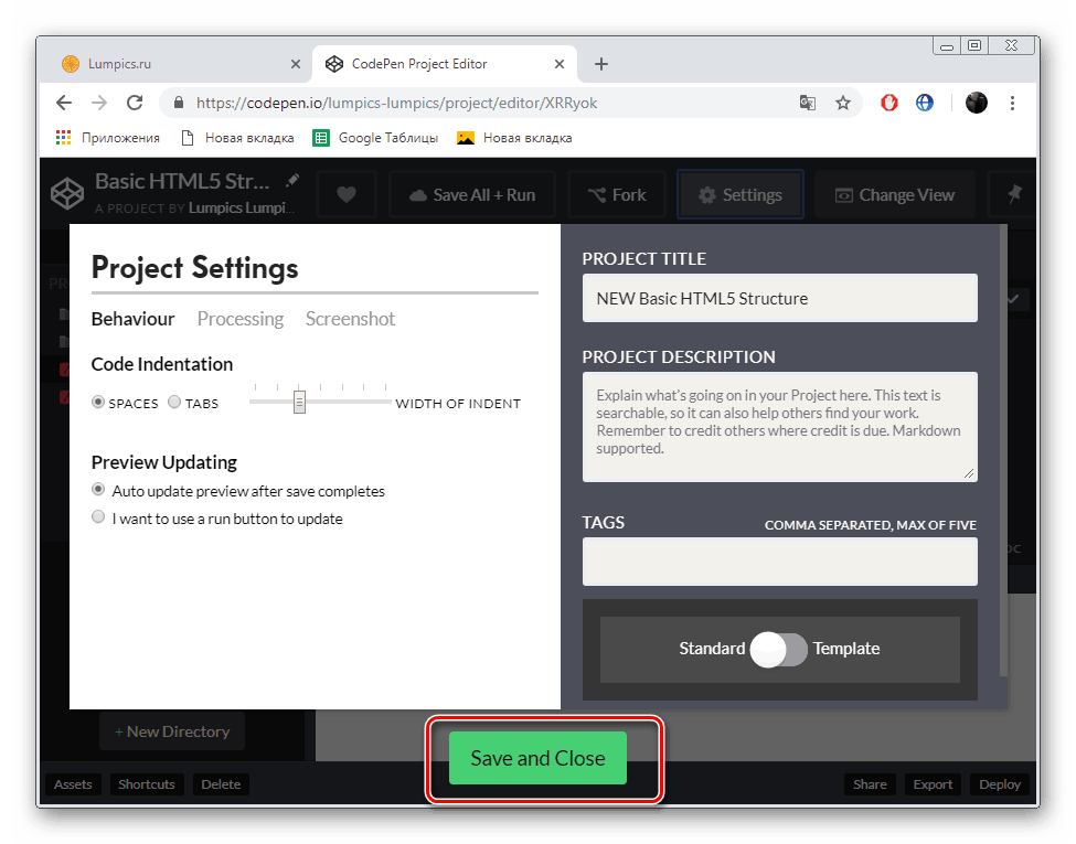 Zmeňte a uložte nastavenia služby CodePen