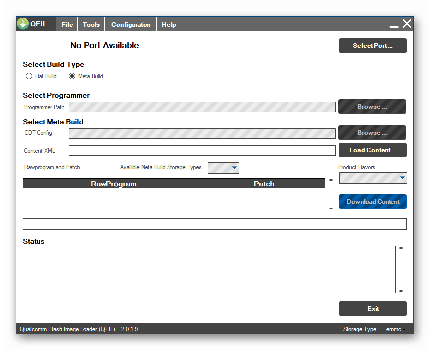 Qualcomm Flash Image Loader (QFIL) Główne okno aplikacji po uruchomieniu