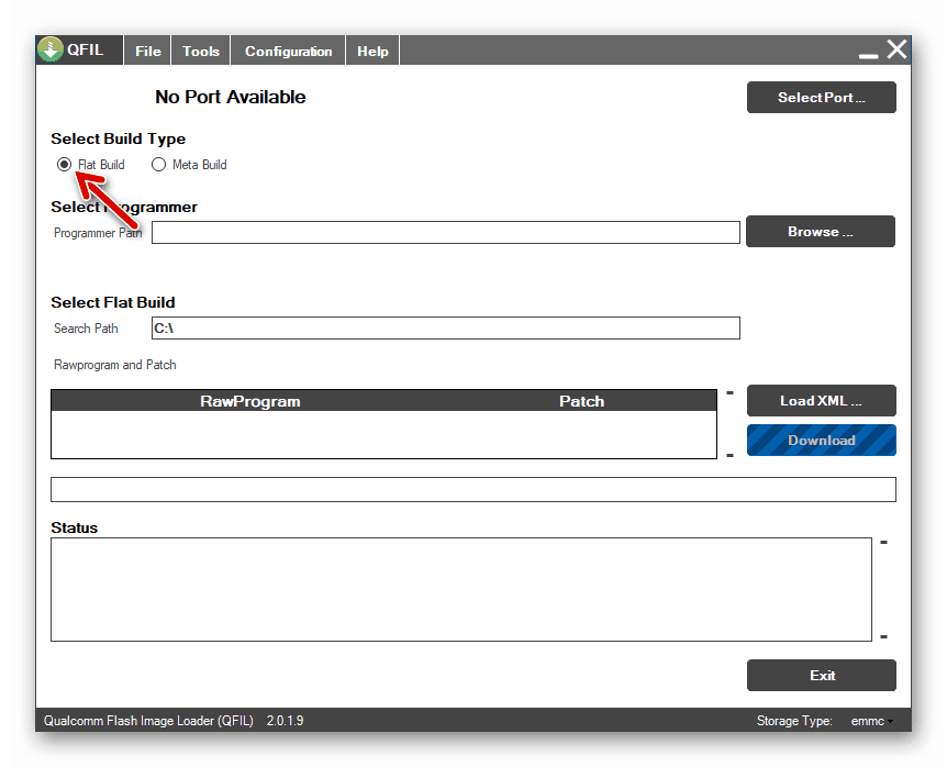 Aplikacja Qualcomm Flash Image Loader (QFIL) w trybie budowania płaskiego