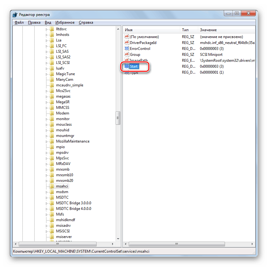 Přejděte na vlastnosti parametru start v Editoru registru v systému Windows 7