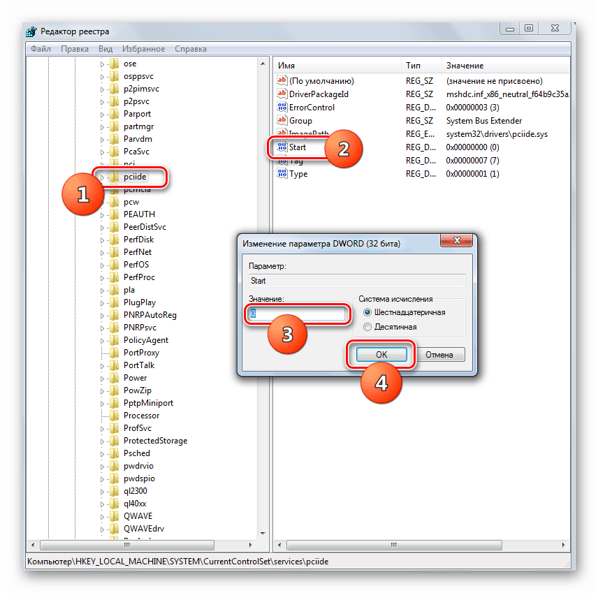 Změna hodnoty v okně vlastností parametru start v sekci pciide editoru registru v systému Windows 7