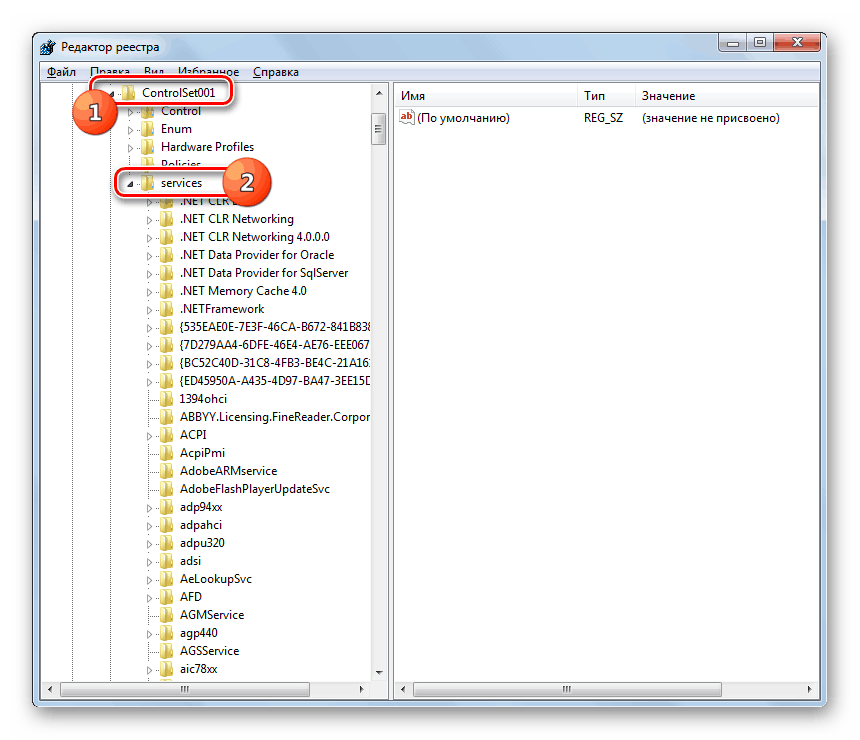 Přepněte do části služby z adresáře ControlSet001 v okně Editoru registru v systému Windows 7