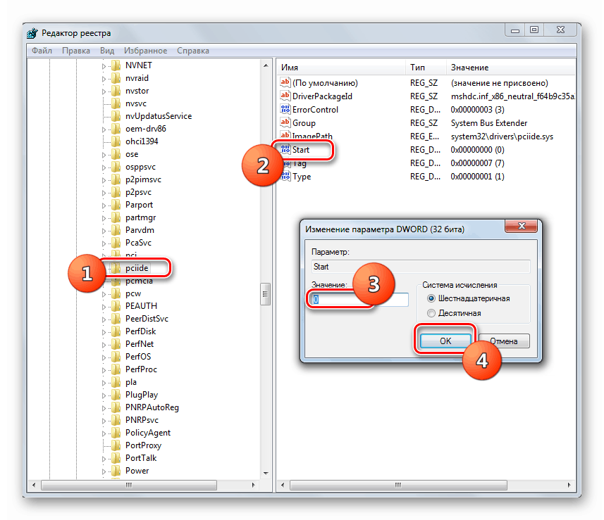 Změna hodnoty v okně vlastností parametru start v sekci pciide načteného podregistru v editoru registru v systému Windows 7